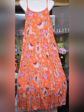 #45 Blu Pepper Orange Floral Tiered Midi Dress